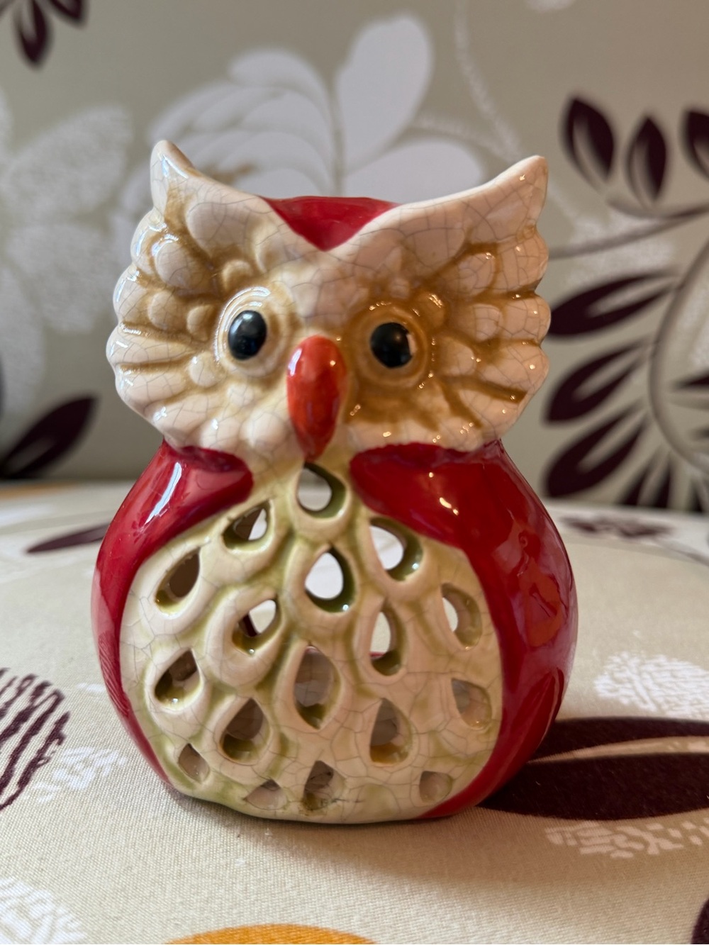 Red and Cream Ceramic Owl Figurine
